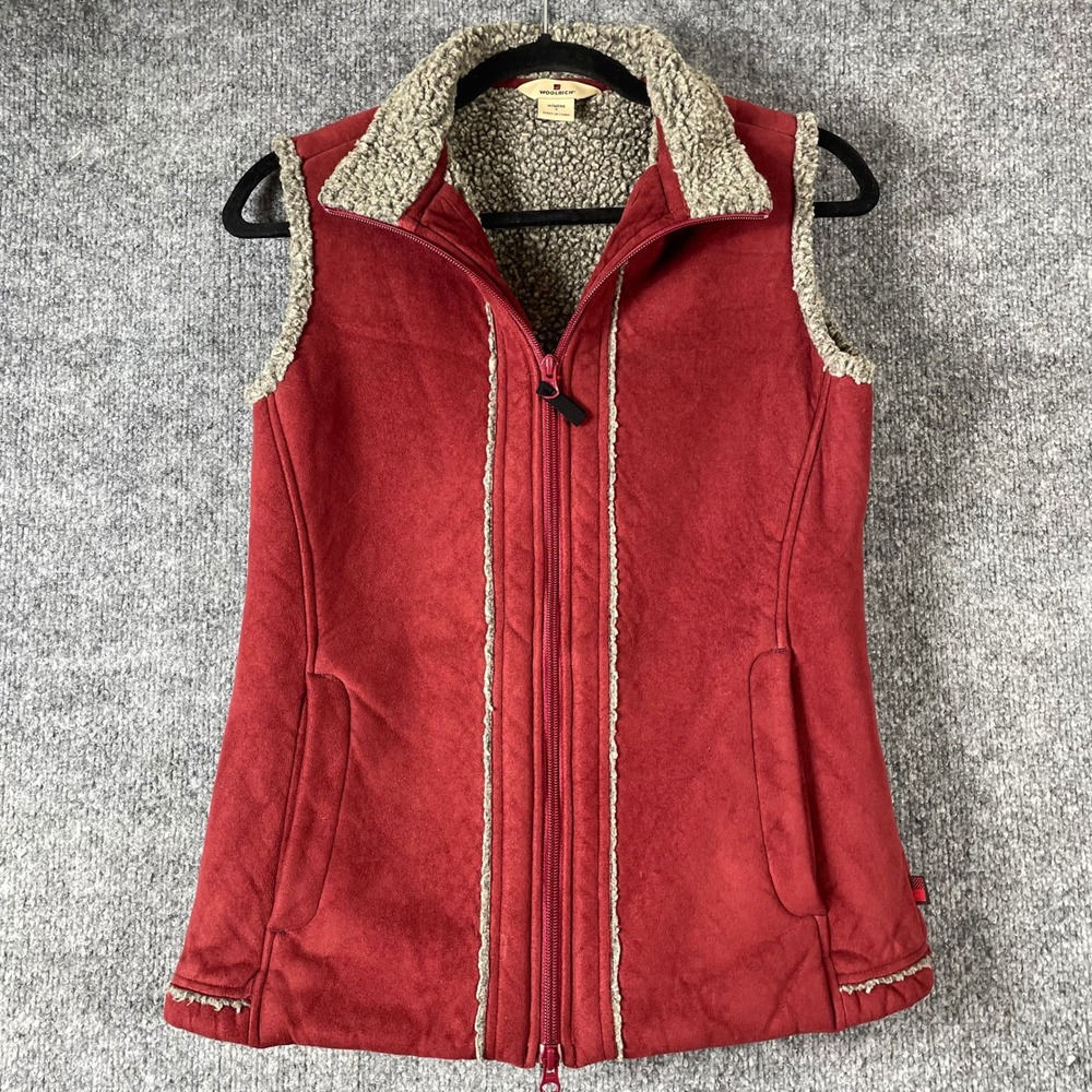 Woolrich Vest Womens Small Red Faux Suede Sherpa Lined Full Zip Gorpcore Warm